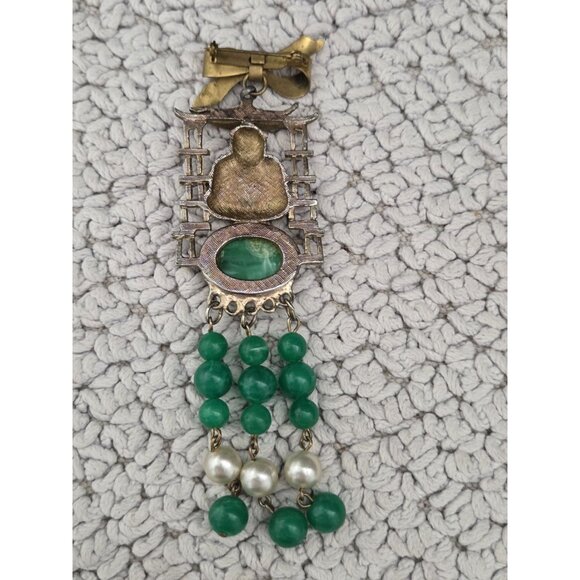 Vtg Gold Tone Buddha Green Beaded Statement Fringe Brooch Pin - Picture 2 of 9